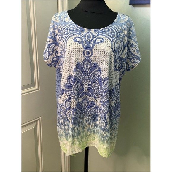 St. John's Bay Tops - St. John's Bay Blue & White Patterned Short-Sleeve Tunic with Green Accent